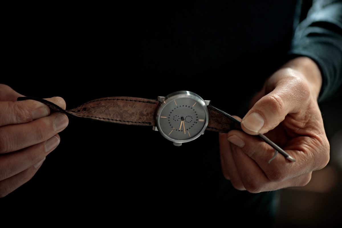 annual calendar watch (42mm grade 5 titanium case with patina dial by ochs und junior, sturgeon leather strap)
