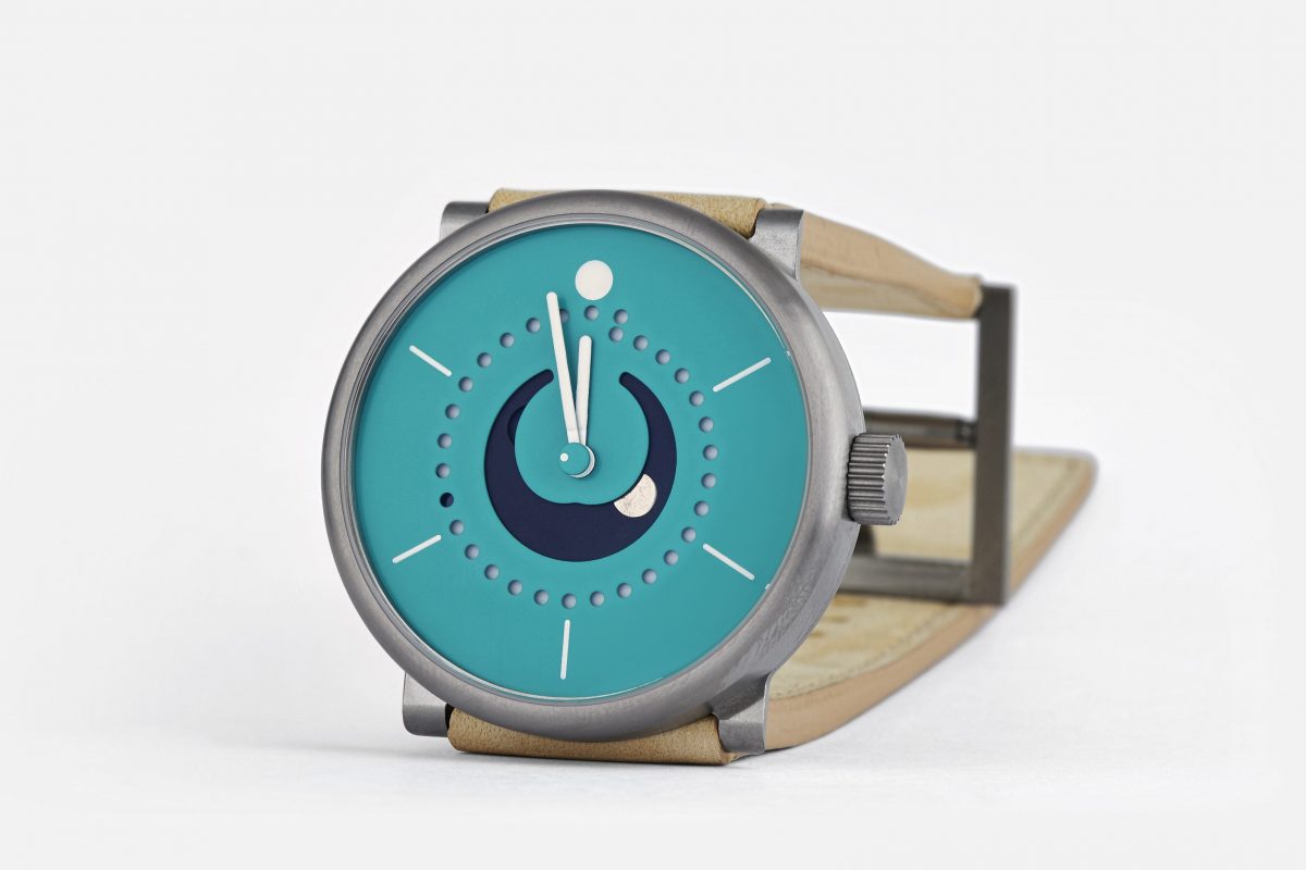 moon phase watch (42mm grade 5 titanium case with fender stratocaster sea foam green dial, by ochs und junior)